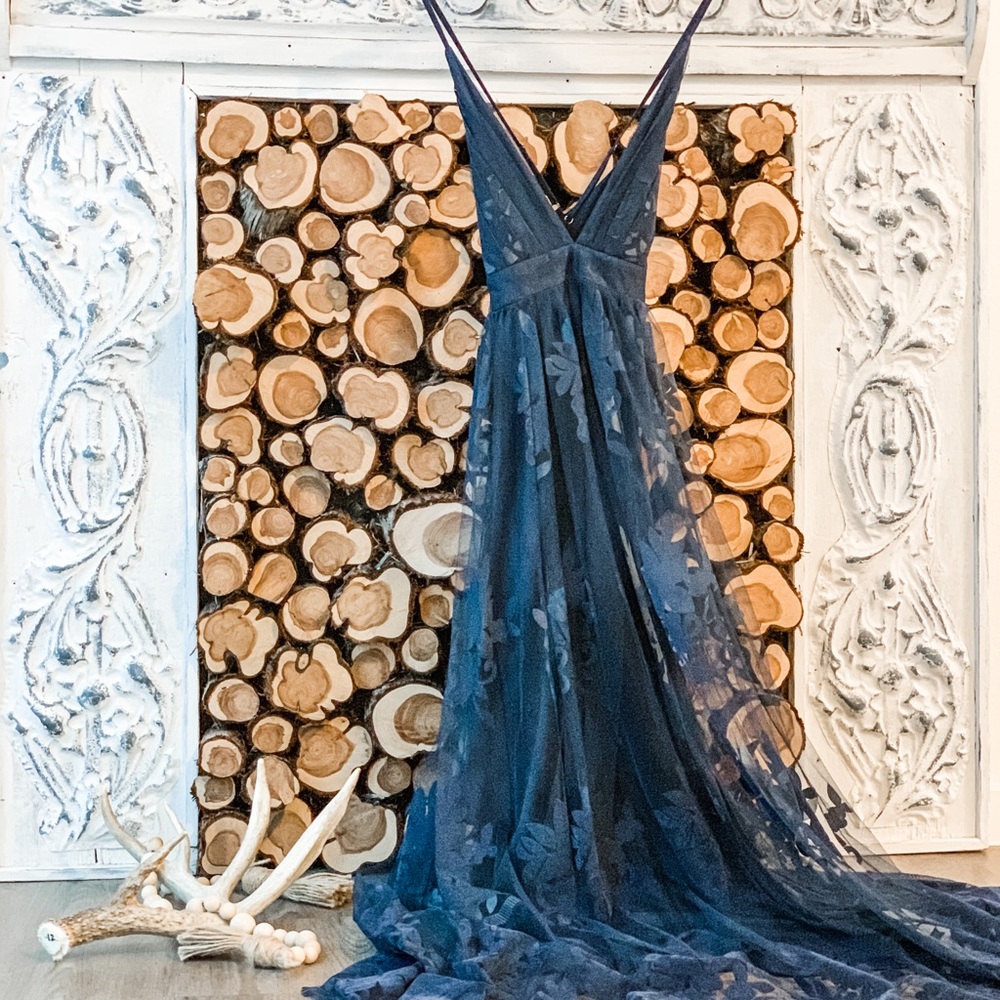 Blue Floral Lace Floor Length Dress